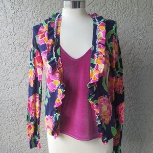 Lilly Pulitzer floral ruffle cardigan V neck Pink